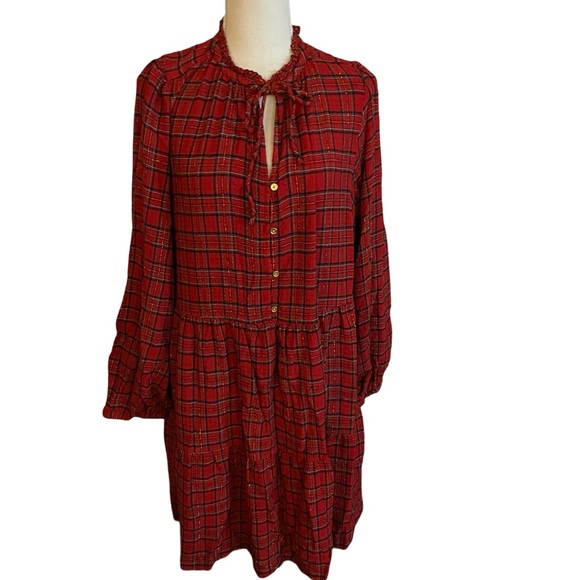 LOFT Ann Taylor Shimmer Red Plaid Tiered mini Dress size large gold buttons tie - Picture 4 of 16